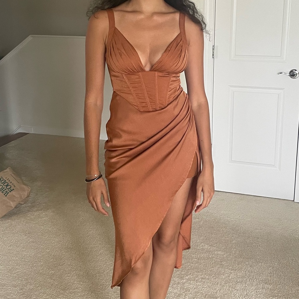 MARBLE Strapless Rust Dress